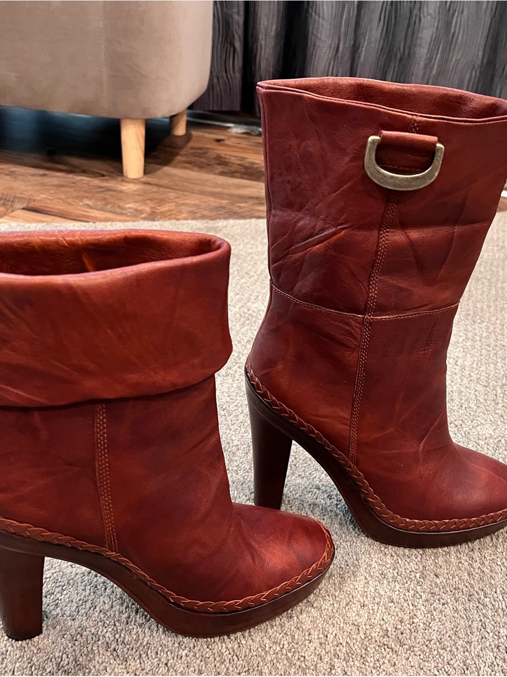 Cole Haan G Series NikeAir Rust Red Leather High-Heel Mid-Calf/Cuff Boots 7B